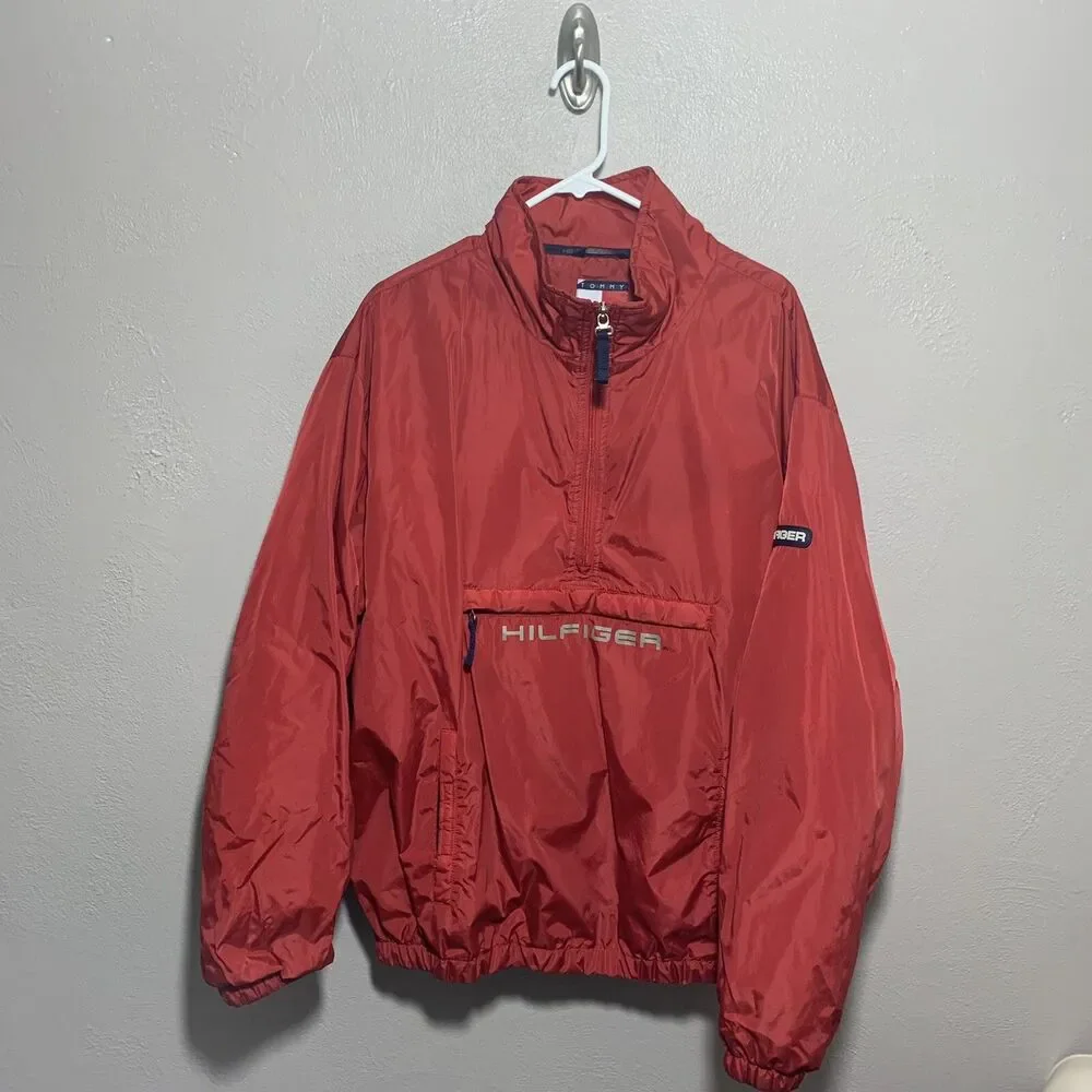 Tommy Hilfiger Anorak Jacket Men Waterproof Breathable Red Size L 1/4 Zip Warm